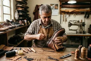 Sapateiro consertando o zíper de uma bota com ferramentas ao redor.