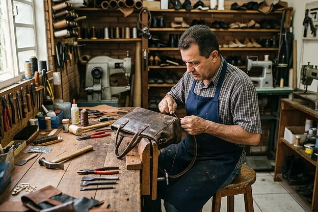 Sapateiro reformando uma bolsa de couro com ferramentas específicas.