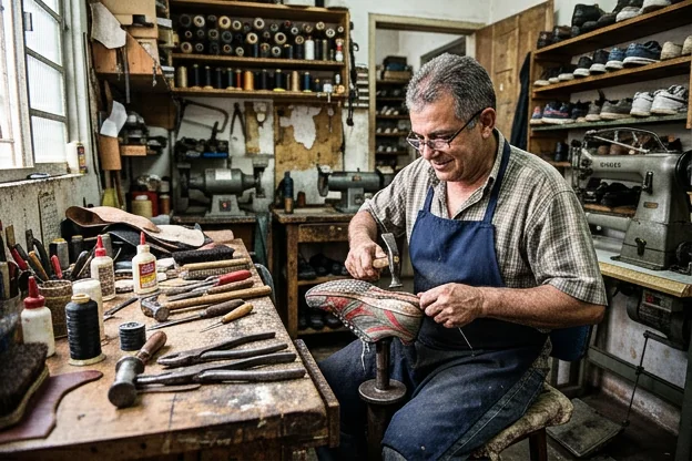 Sapateiro reparando um tênis com ferramentas especializadas.
