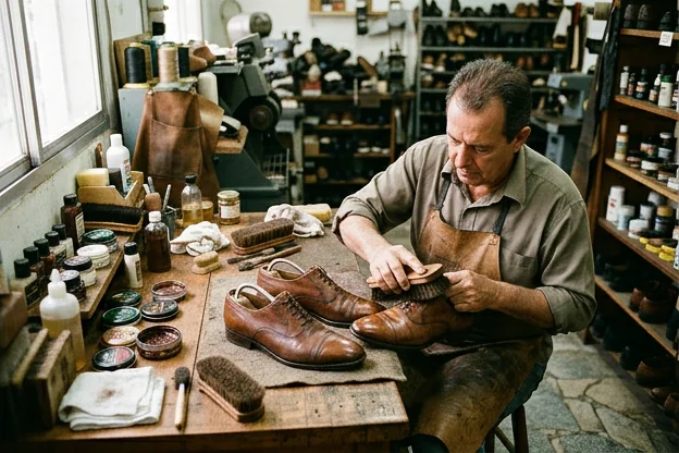 Diversos produtos e métodos para cuidar de sapatos, demonstrando como manter a aparência e durabilidade.
