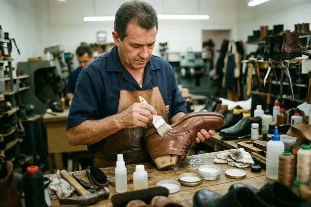 Profissional aplicando impermeabilizante em um sapato, ressaltando a importância do processo.