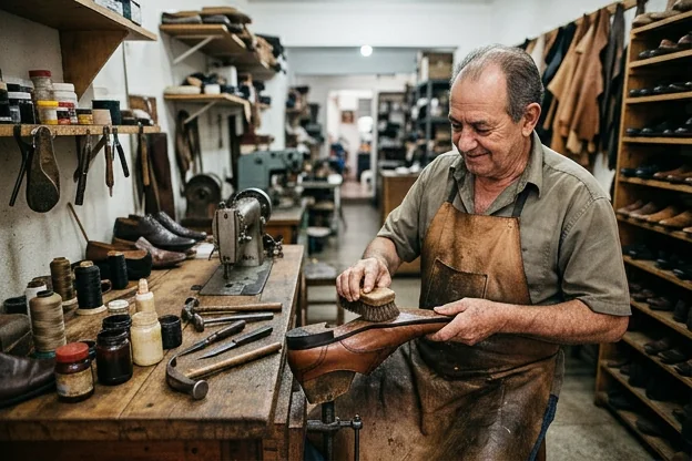 Sapateiro aplicando impermeabilizante em um par de sapatos com cuidado.